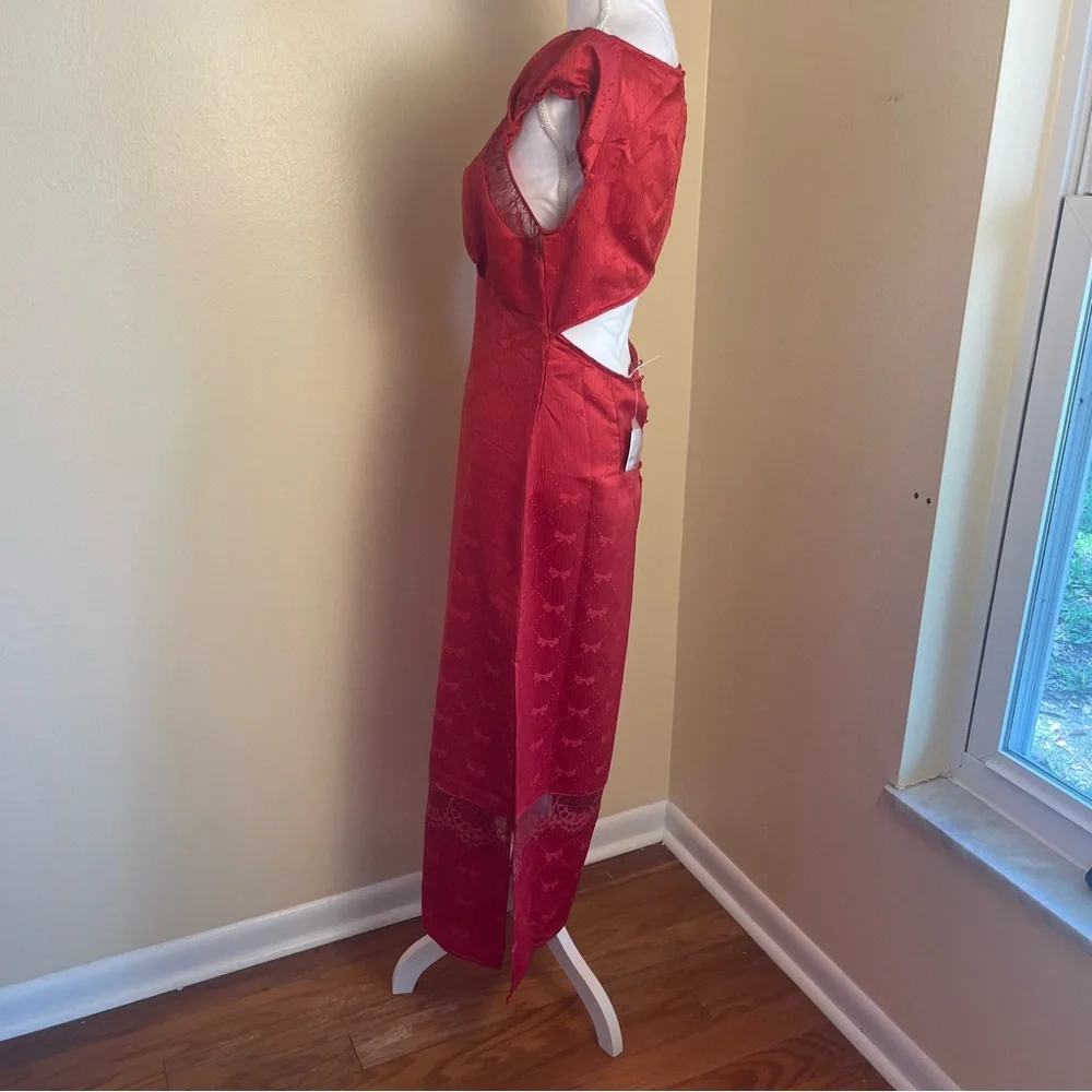 Free People Foolish Heart Midi Dress Red Dahlia Lace Satin NWT Romantic Boho S - Picture 9 of 11